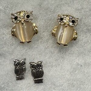 Gold and Silver Owl Earrings Set